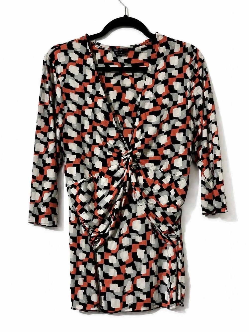 BCBGMaxAzria Black, White & Rust Knot-Front Geometric Tunic Y2K